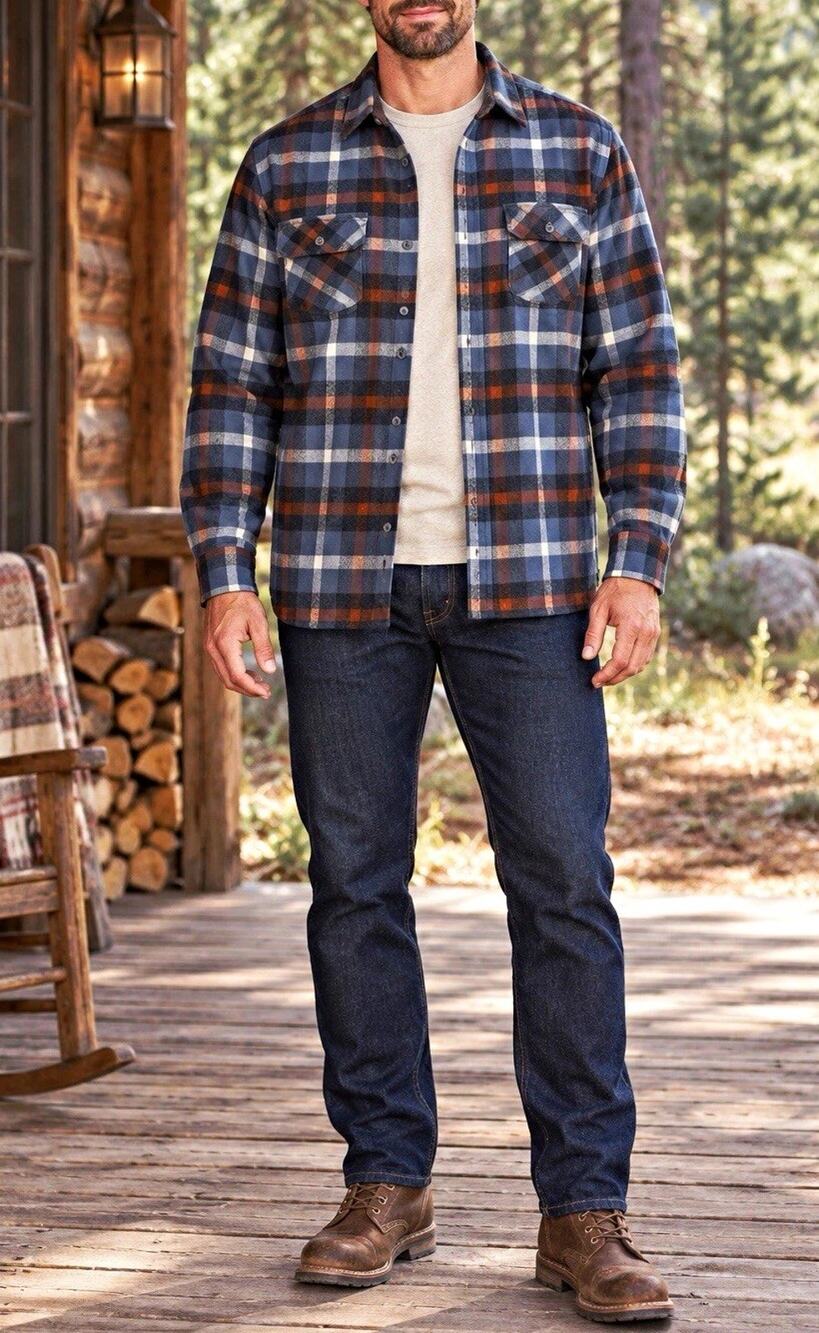 Patagonia Fjord Flannel Shirt Mens L Blue Rust Plaid Organic Cotton 42400
